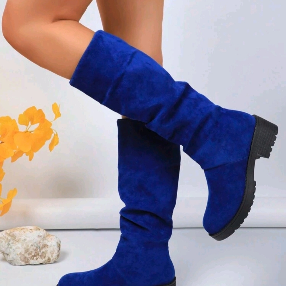 Blue Suede Mid Calf Boots